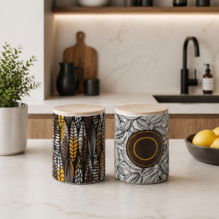 Σετ 2 Κεραμικά Δοχεία Αποθήκευσης με Ξύλινο Καπάκι της 5five